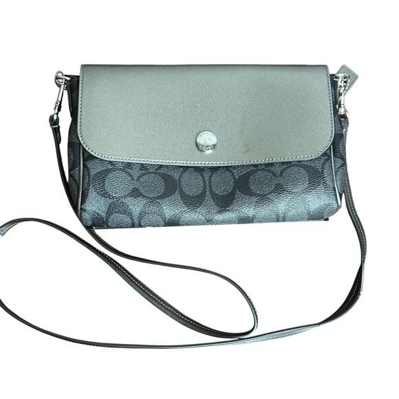 Coach Signature Crossbody Bag Black Leather Canvas Shoulder Purse F59534 - Picture 1 of 8